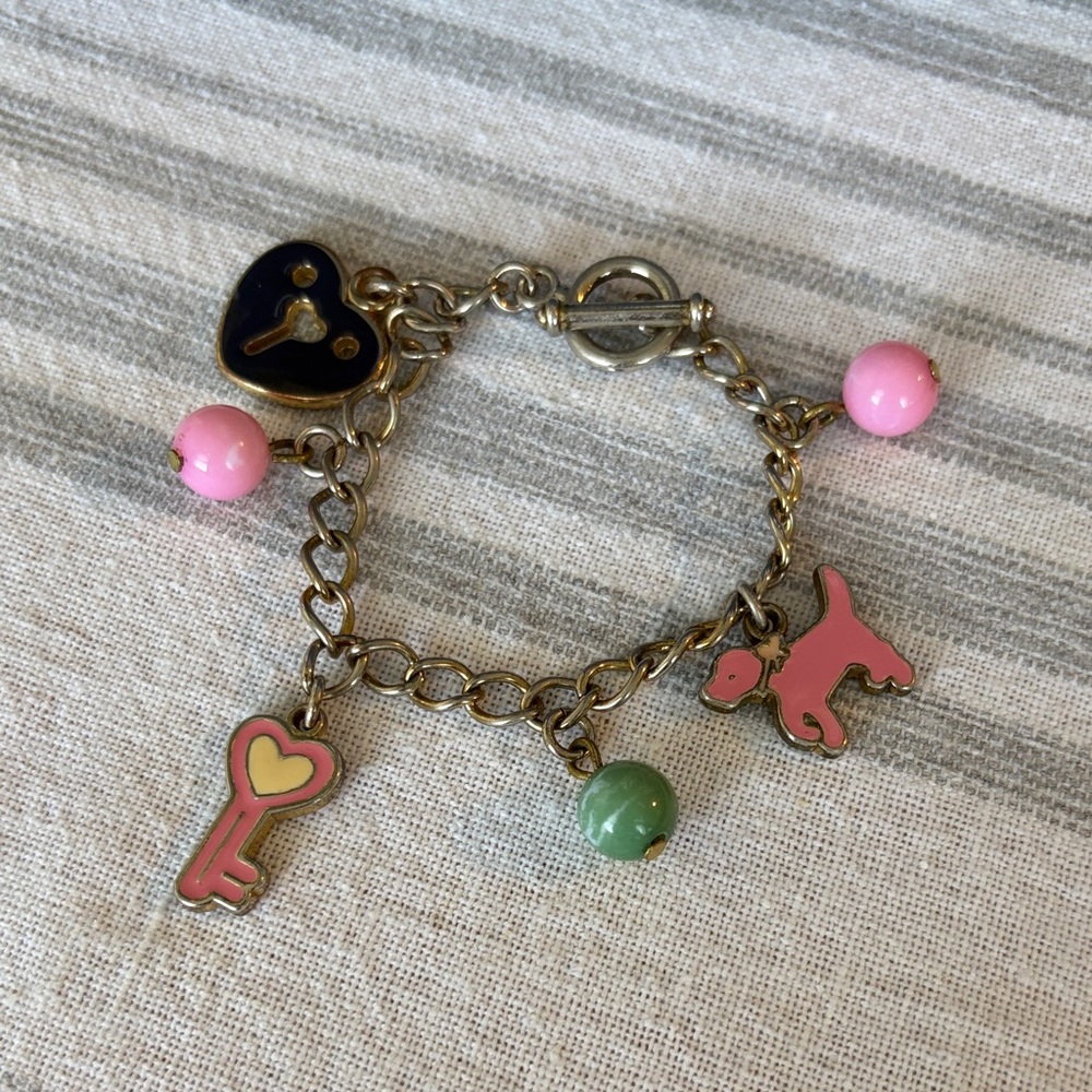 Kids Pink Key & Puppy Charm Bracelet - Gold Chain